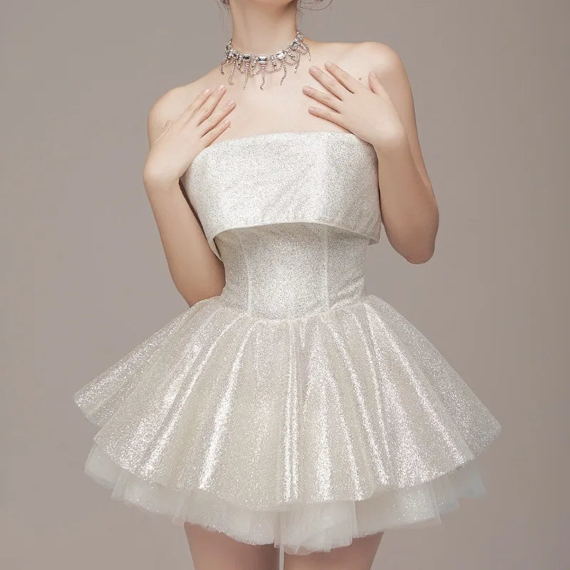 Strapless Shiny Dress White Backless A-line Dress Slim
