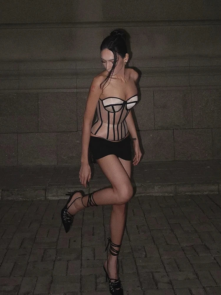 Strapless Top See Through Black Patchwork Midnight Simple Classic Top