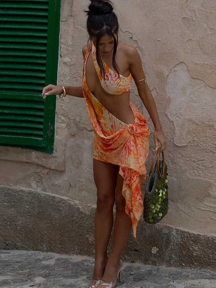 Aymmetrical Slah Neck Mini Dress Tael Applique Tie Dye Hollow Bodycon Trend