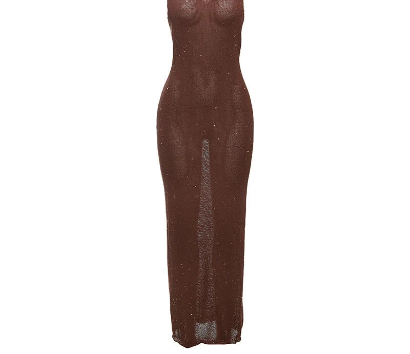Halter See Through Dress Sequins Backless Sleeveless Solid Slim