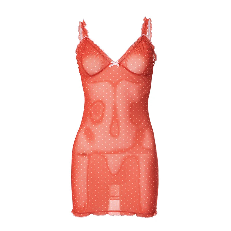 'S Spring And Polka Dot Mesh See-Through Halter Bow V-Neck Rolled Edge Hip Dress