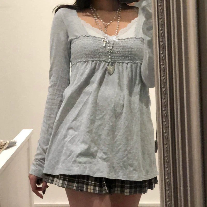 Lace Patchwork Square Collar T-Shirts Long Sleeved Top