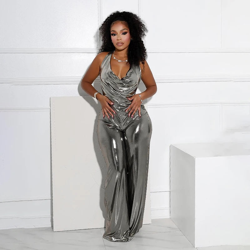 Metallic Jumpuit Micro Swing Collar Hanging Neck Strap Sleevele Big Backless One-Piece Flar Pant