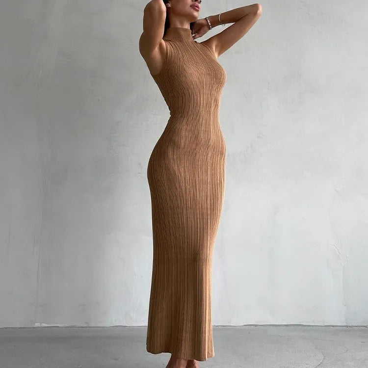 Sleeveless Knit Turtleneck Long Dress Slim Ribbed Knit Dress Maxi Dress