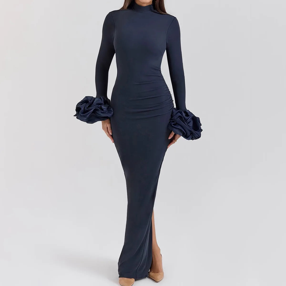 Long Sleeve Dresses Flare Sleeve Long One-piece Dress Gown Stretchy Cocktail Dress