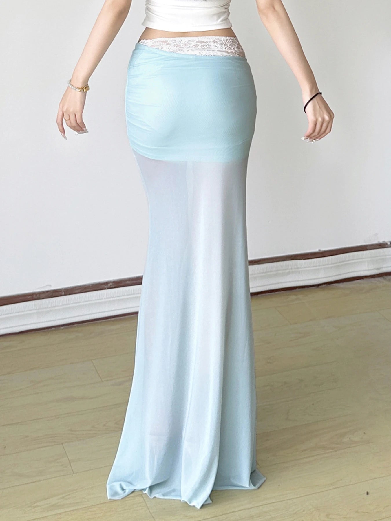 See Through Lace Mesh Skirt Slim Low-Waisted Maxi Skirt