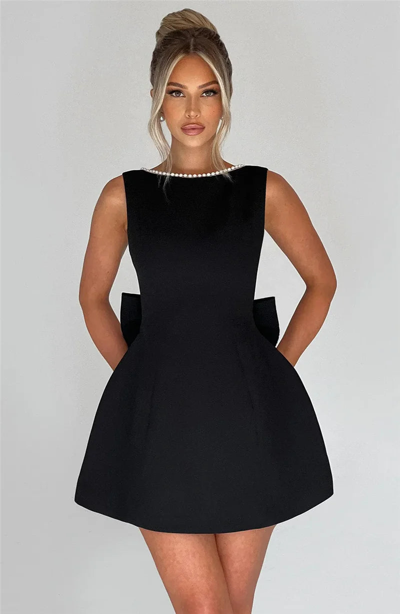 Pearl Bow Backless Mini Dress Zipper Sleeveless High Waist A-line Dress