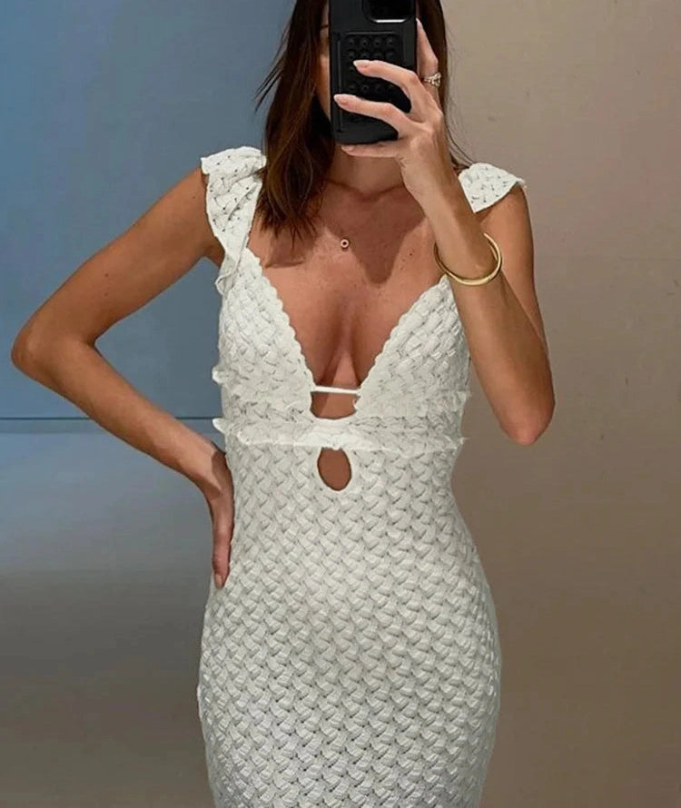 Double Deck Dress Hollow Ruffles Backless Straps Solid Lace Tierred