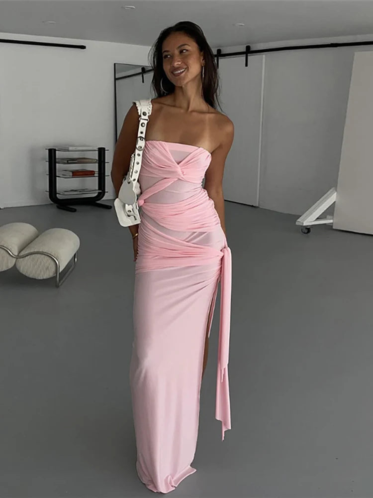 Strapless High Slit Maxi Dress Pink Backless High Waist Dress