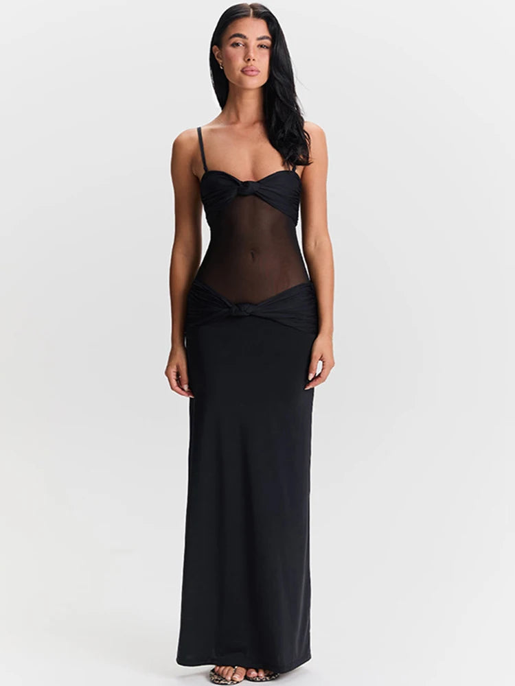 Knot Chest Wrap Dress Ruched Mesh Patchwork Sleeveless Stretch