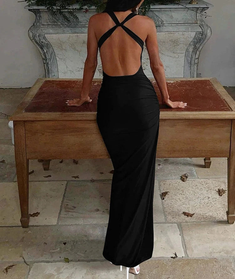 Ruched Dress Metal Buckle Swing collar Sleeveless Backless Long Bodycon
