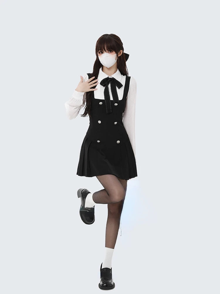 Fake Two Dress Slim Chic Long Sleeve Bow Casual Y2k Mini Dress Korean Short Dress