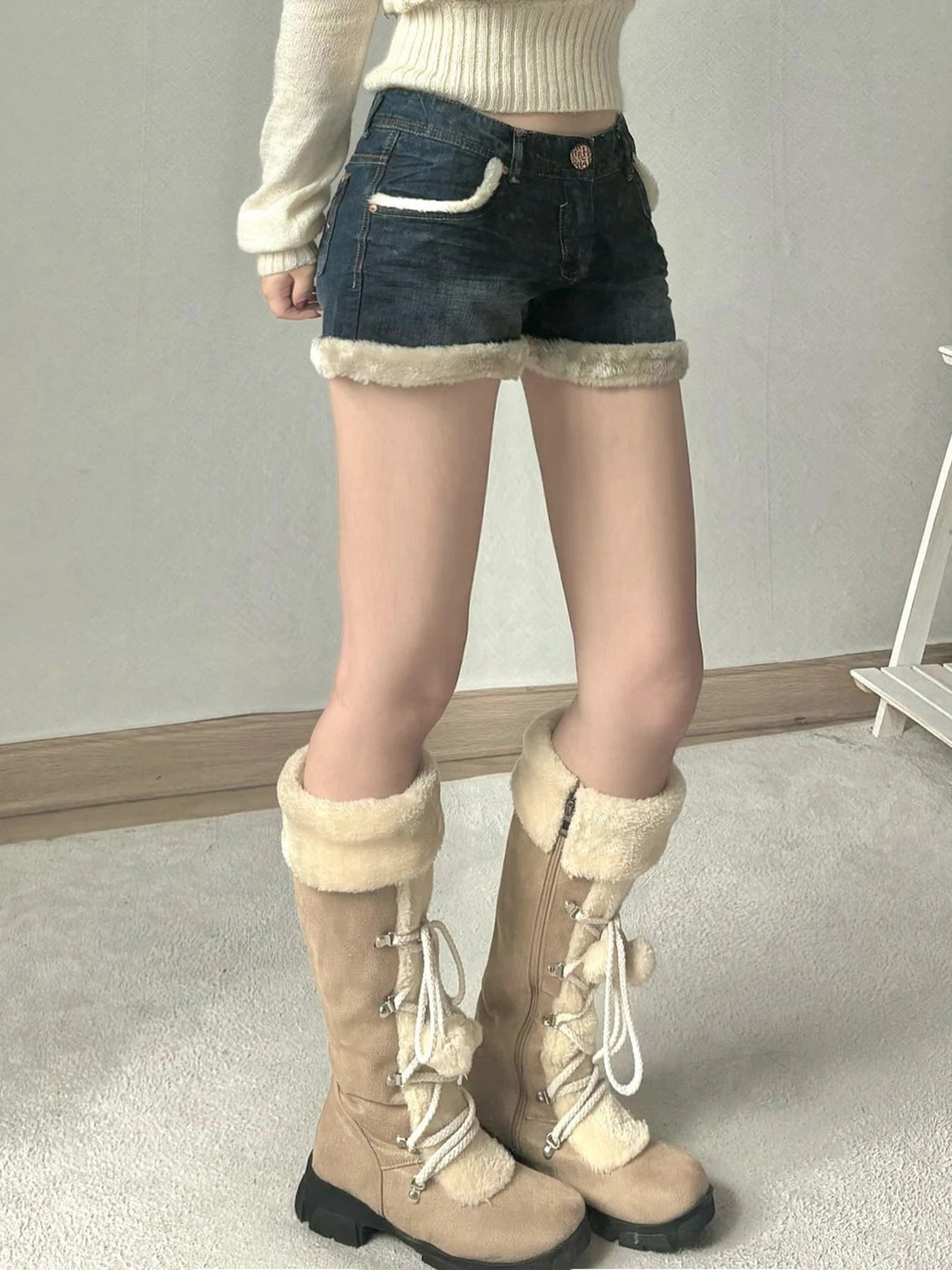 Fur Patchwork Denim Shorts Low Waisted Bottoms Cotton Pants