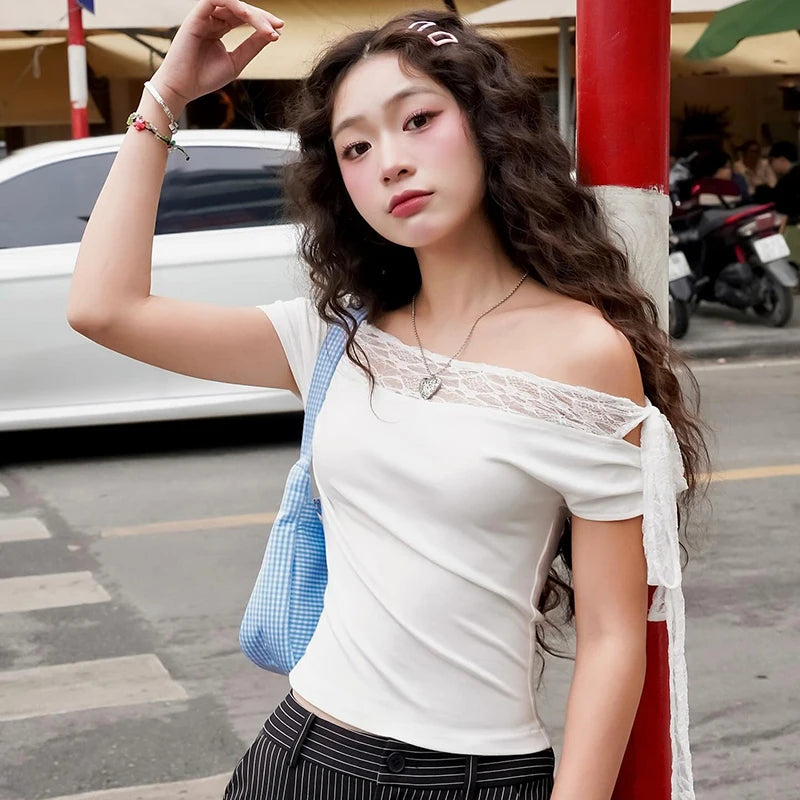 'S Spring Color One Lapel Tie Lace Patchwork Sleeveless Slim Top Causal Versatile