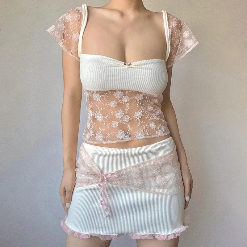Lace Patchwork Kawaii Sweet T Shirt Short Sleeve Crop Top