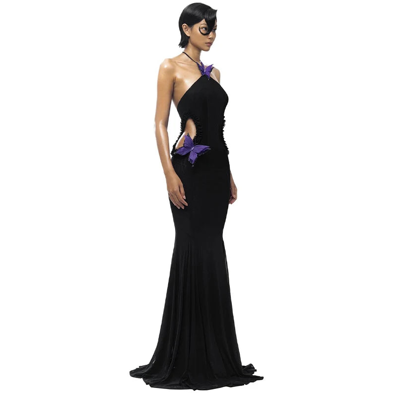 Butterfly Halter See Through Hollow Out Maxi Dress