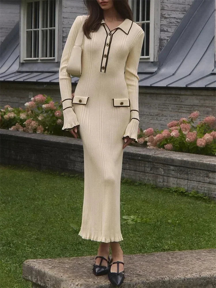 Ruffled Knit Dress Ribbed Contrast Long Sleeve High Waist Lapel Gown Dress Knit Ladies Maxi Dress