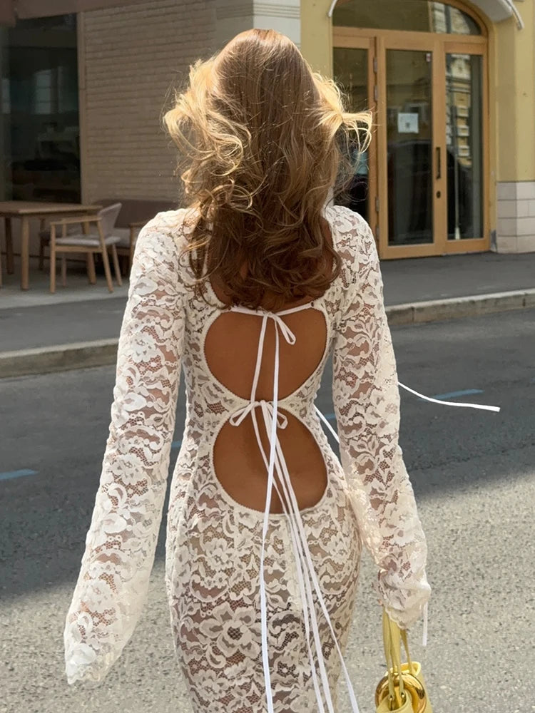 White Sheer Lace Long Sleeves Maxi Dress