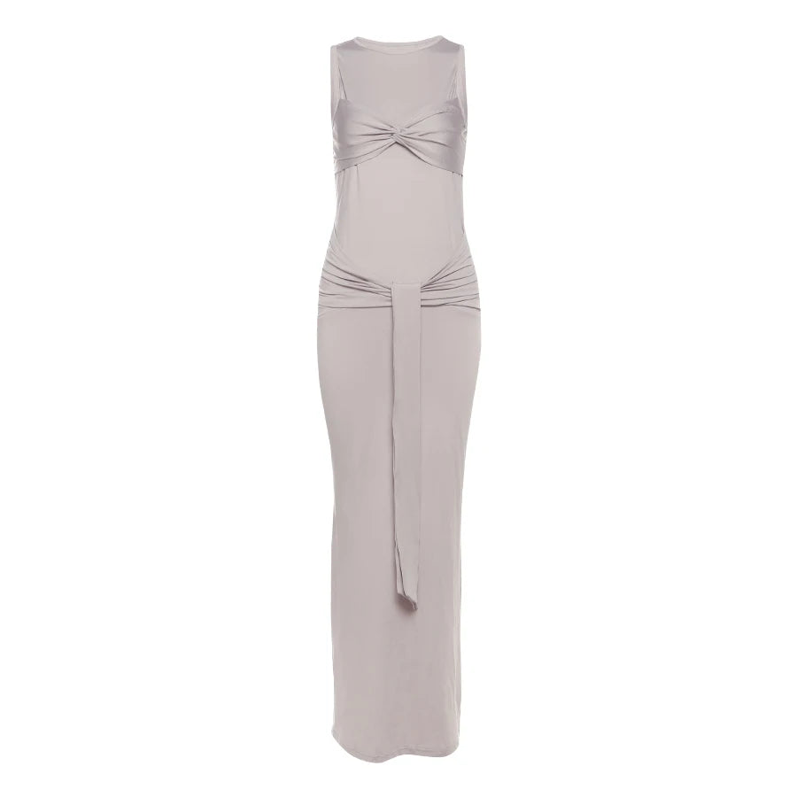 Ruched Knot Dress Chest Wrap Long Ribbon Solid o-Neck Street Stretch Sleeveless