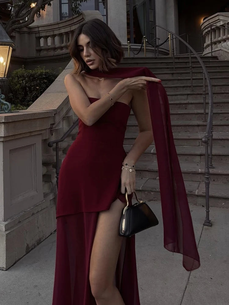Mesh Strapless Ribbon Maxi Dress