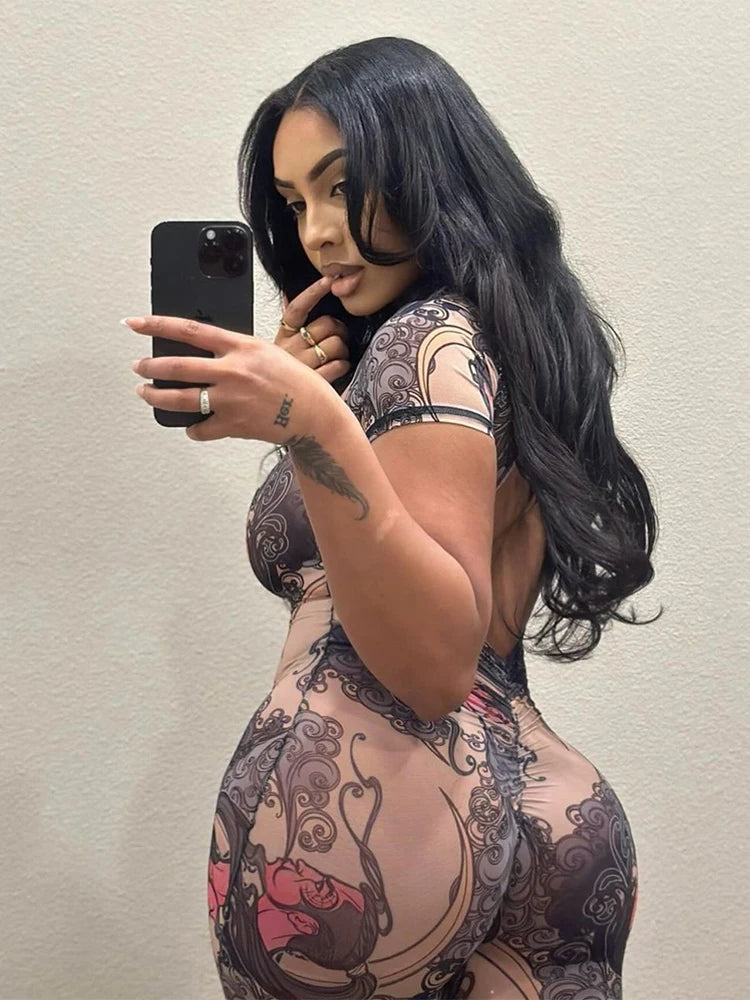 Playsuit Mesh See Through Peach Buttocks Shorts Sleeve Backless Print Romper