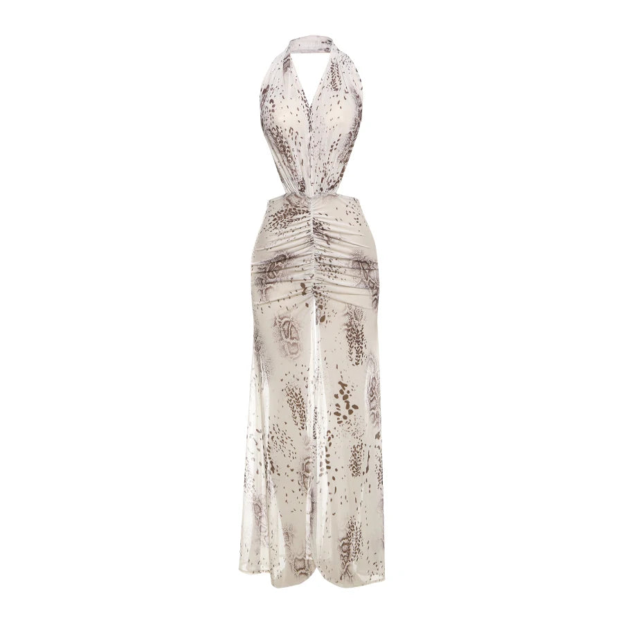 Patchwork Print Dress Halter Low-Neck Backless Ruched Splits Robe Long Bodycon