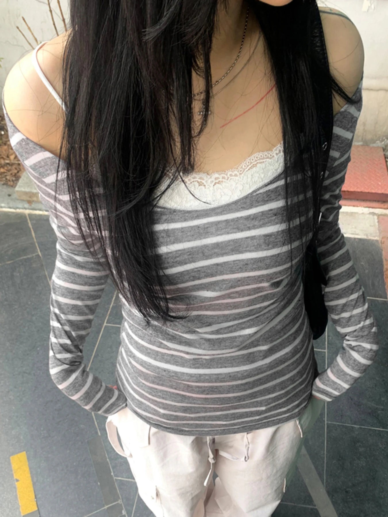 Strip Long Sleeve Tee Shirt Crewneck Slim