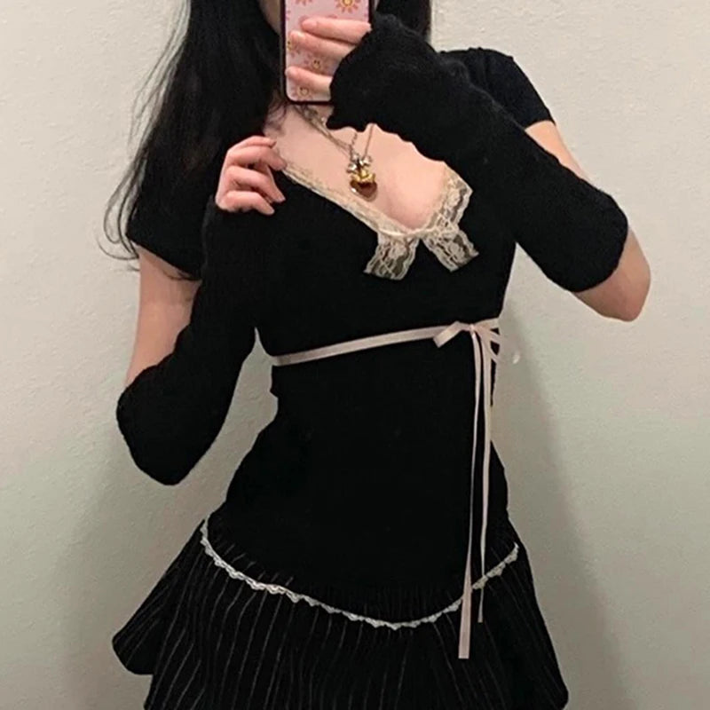 Lace Patchwork Tee Shirts Lace-up Kawaii Cropped Slim Top Tee