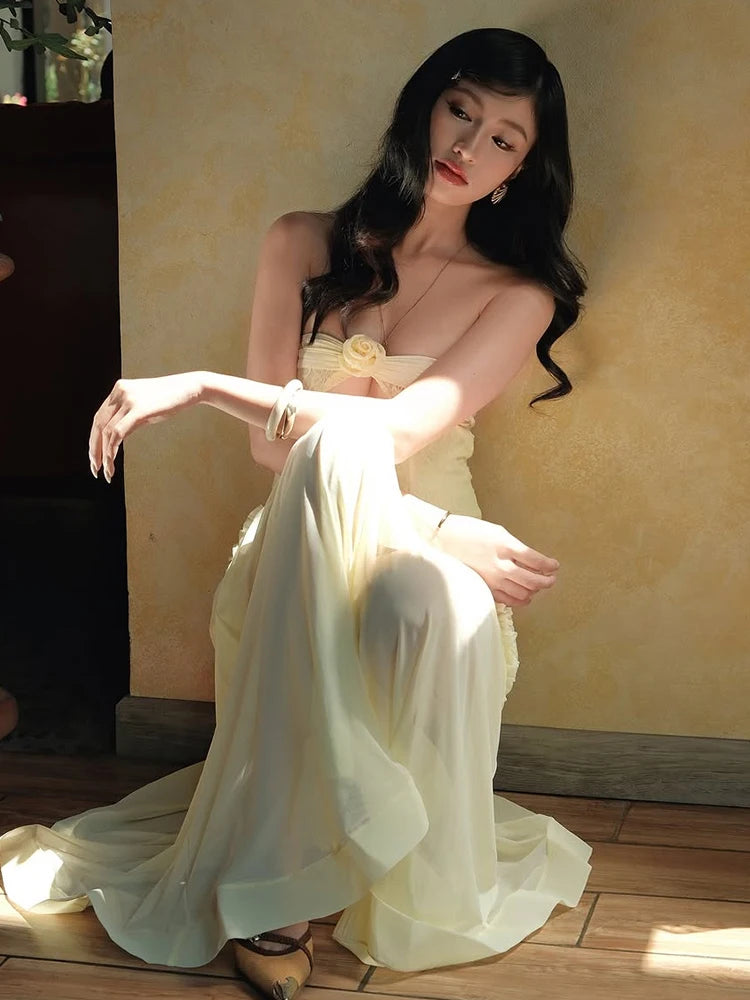 Patchwork Mesh Maxi Dress Shirring Fishtail Ruffles Hollow Bandage Banquet