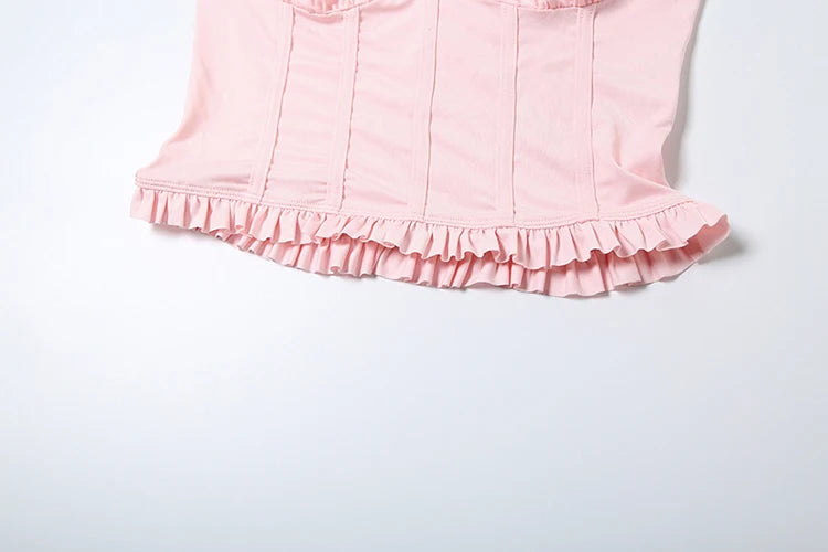 Classic 2 Piece Set Ruched Square Collar Sleeveless Crop Top Ruffles Shorts Fit Suits