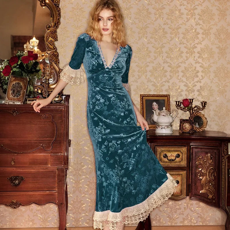 Patchwork Deep V-neck Lace Maxi Dress Short Sleeve ed Floral Dress French