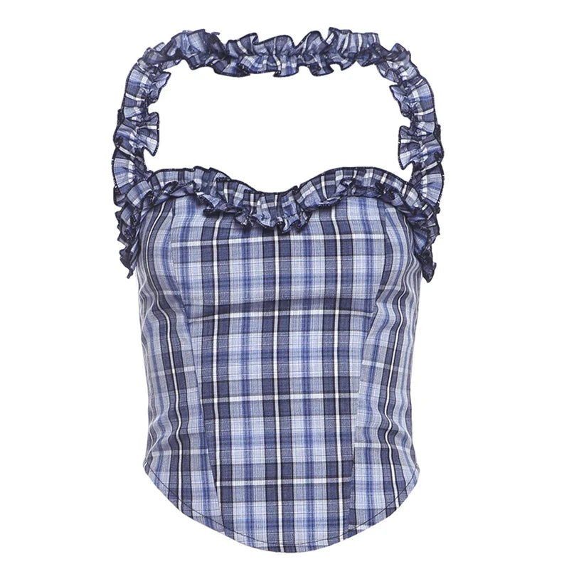 Plaid Tank Top Ruffled Edges Halter Low-Neck Backless Sleeveless Top