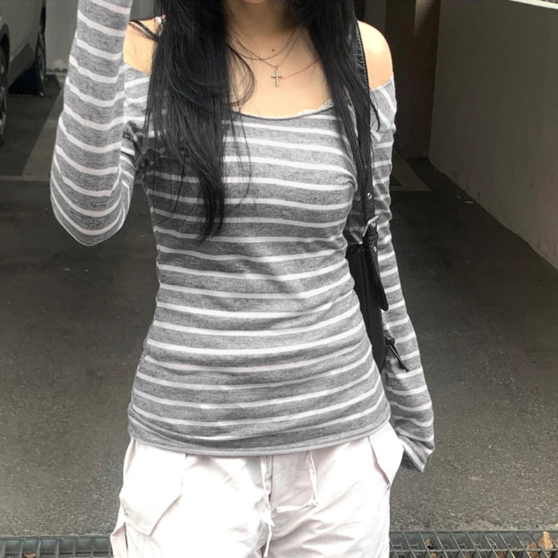 Strip Long Sleeve Tee Shirt Crewneck Slim