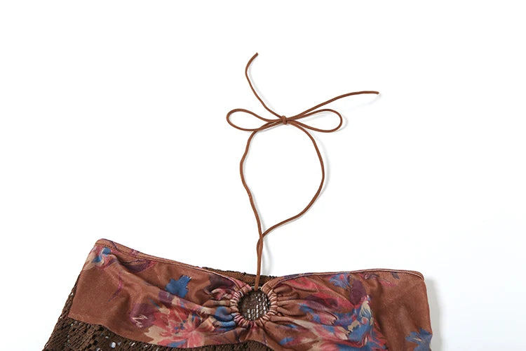 Brown Knit Halter Patchwork Three Piece Set