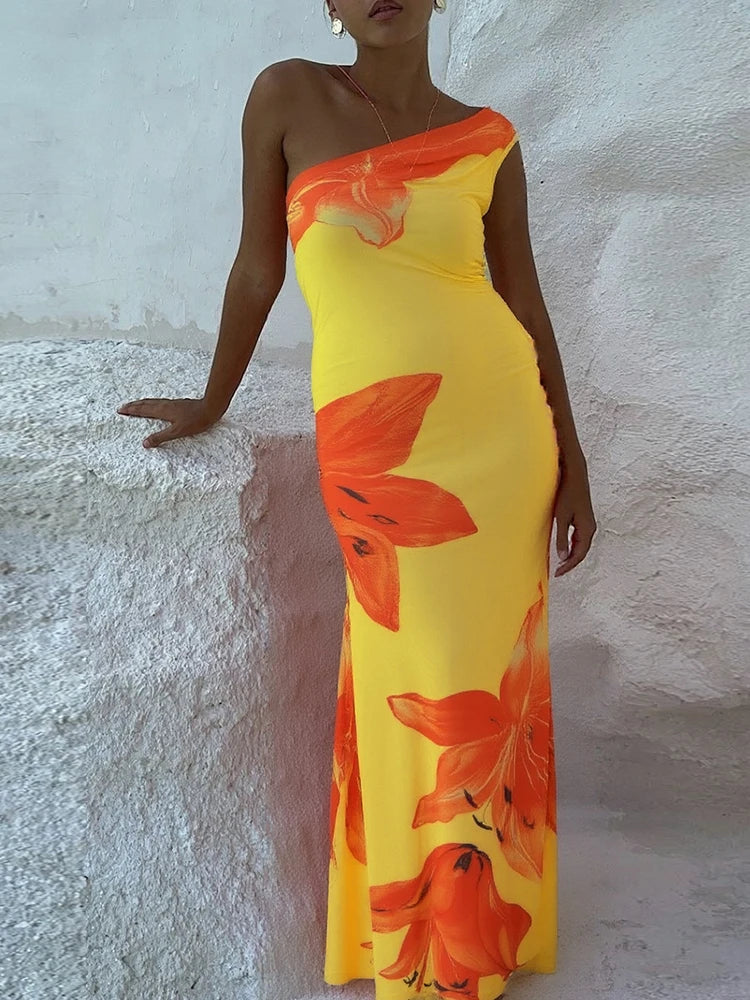 Incline Shoulder Dress Panell Sleevele Maxi Bodycon