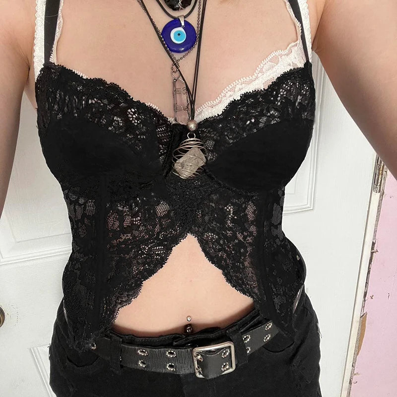 Transparent Lace Bustiers Backless Gothic Camis Spaghetti Strap Grunge Top