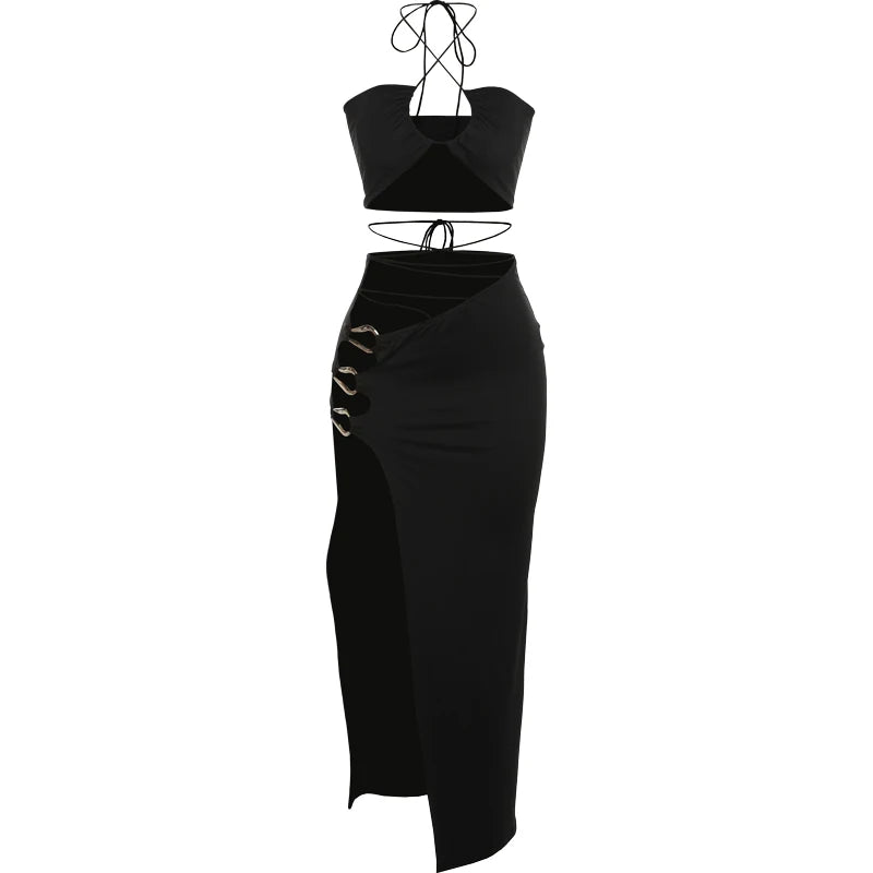 2 Piece Set Halter Camisole Hollow Metal Buckle Cross Bandage Split Skirts Matching