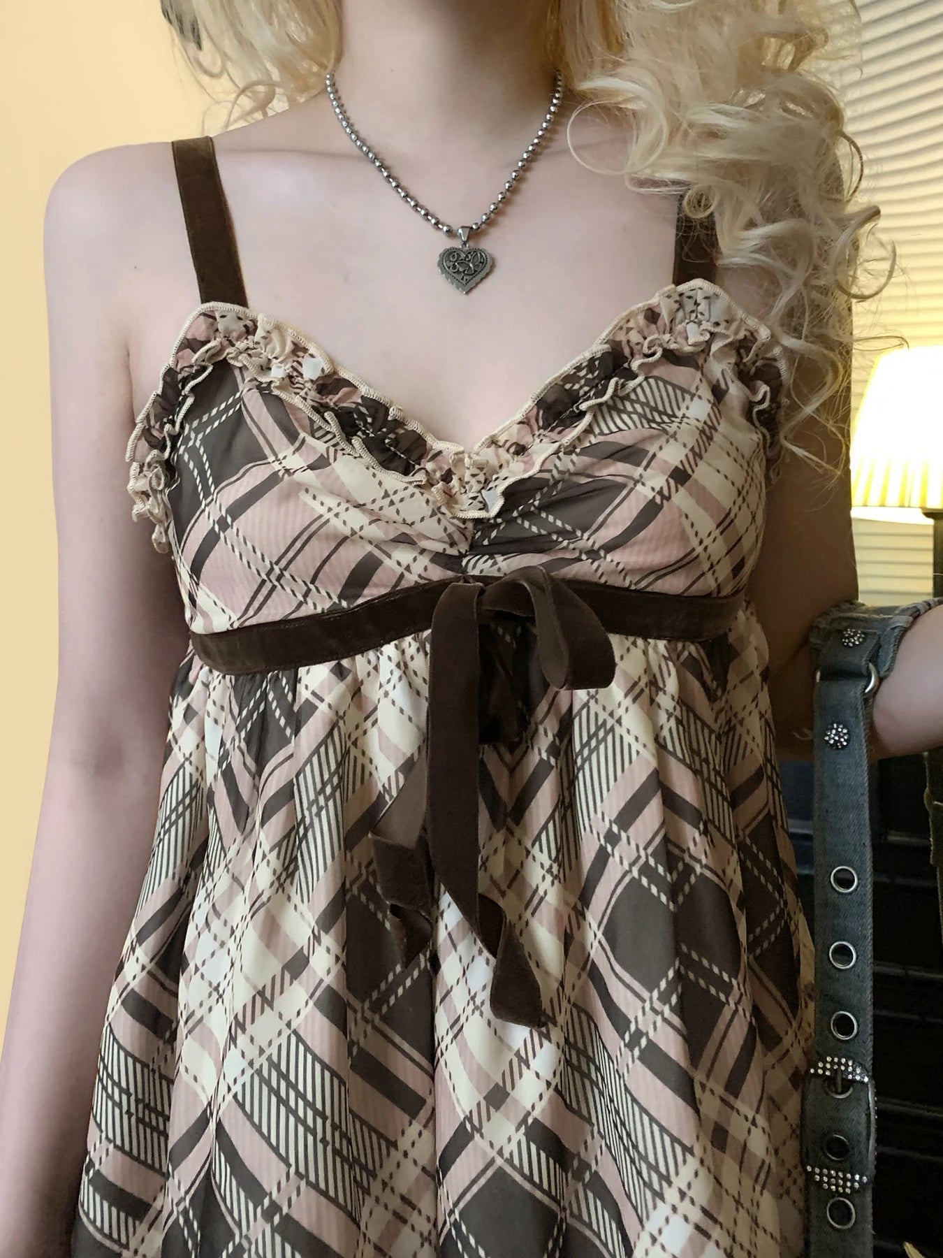 Plaid Print Camisole Ruched A-line Top Sleeveless Retro