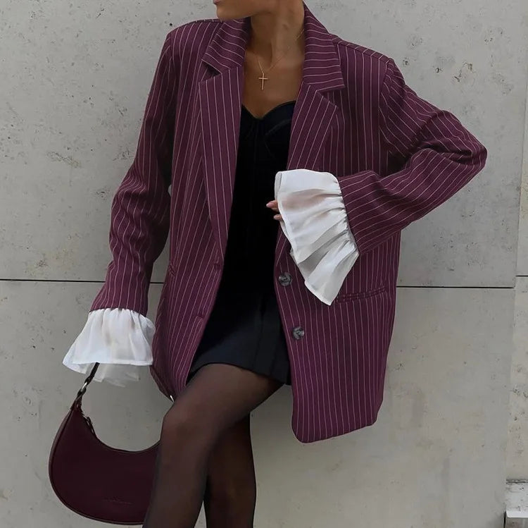 Patchwork Notched Collar Lace Blazer Flare Sleeve Single Breasted Jacket Femme Loose Coat