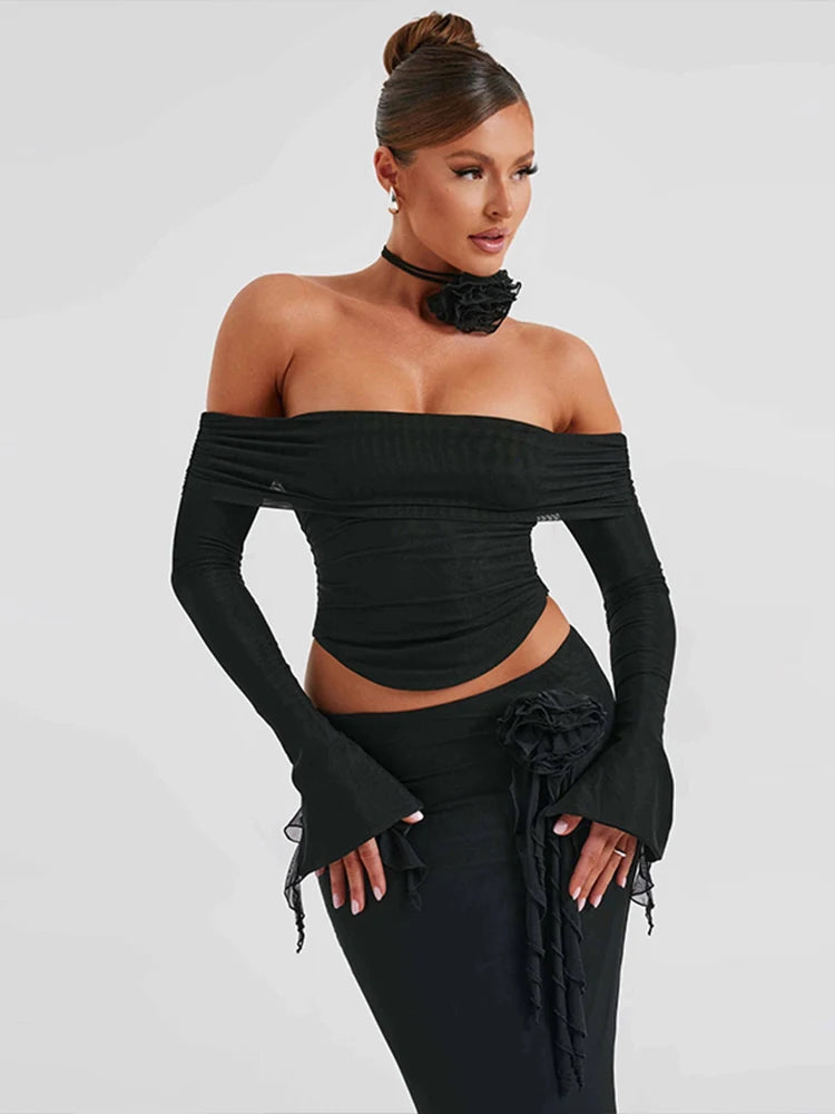 3D Flower Off Shoulder Crop Top Maxi Skirt Set