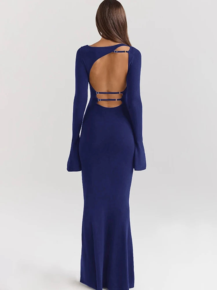 Irregular Hollow Dress o-Neck Flare Sleeve Stretch Robe Simple Long Bodycon
