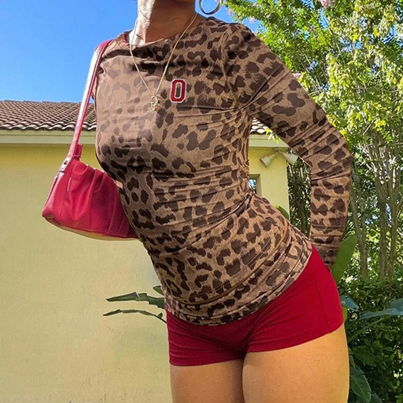 Crewneck Two Pieces of Sets Leopard Print Tee Shirts anf Patchwork Shorts 's Slim