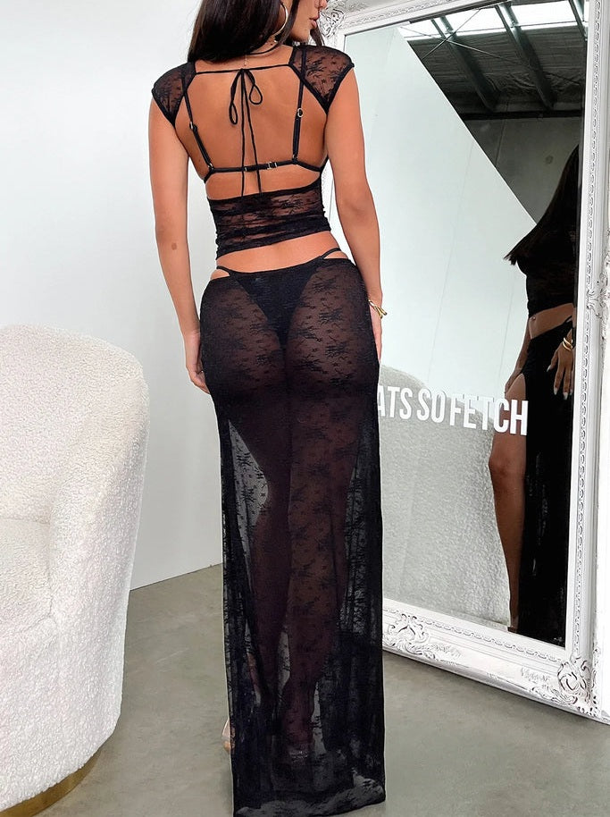 TwoPiece Lace See-through Cover Ups Set Sheer Cap Sleeve Backless Crop Top Low Waist High Slit Long Skirt
