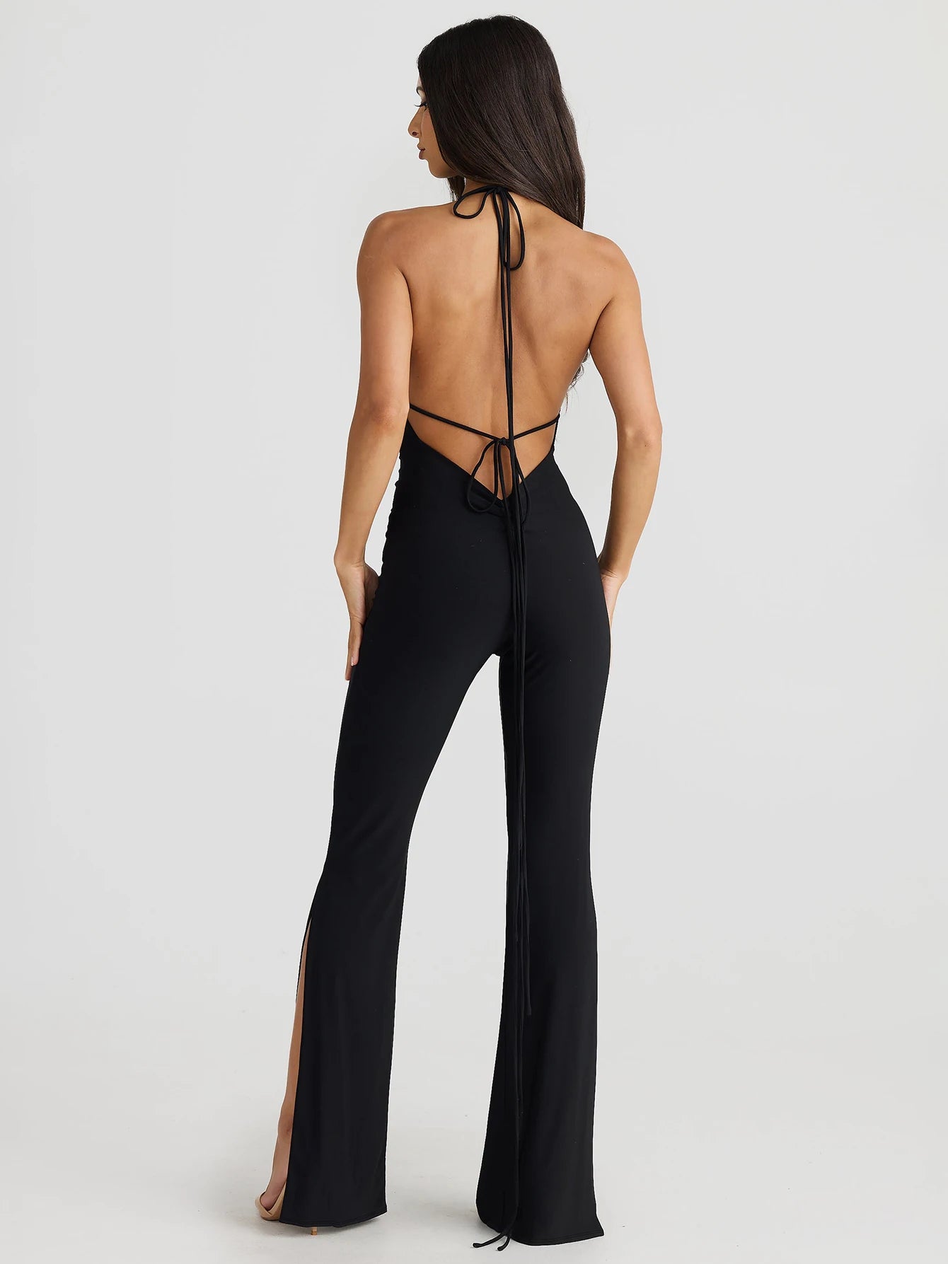 Backless Halter Lace Up Irregular Split Long Pants Jumpsuit