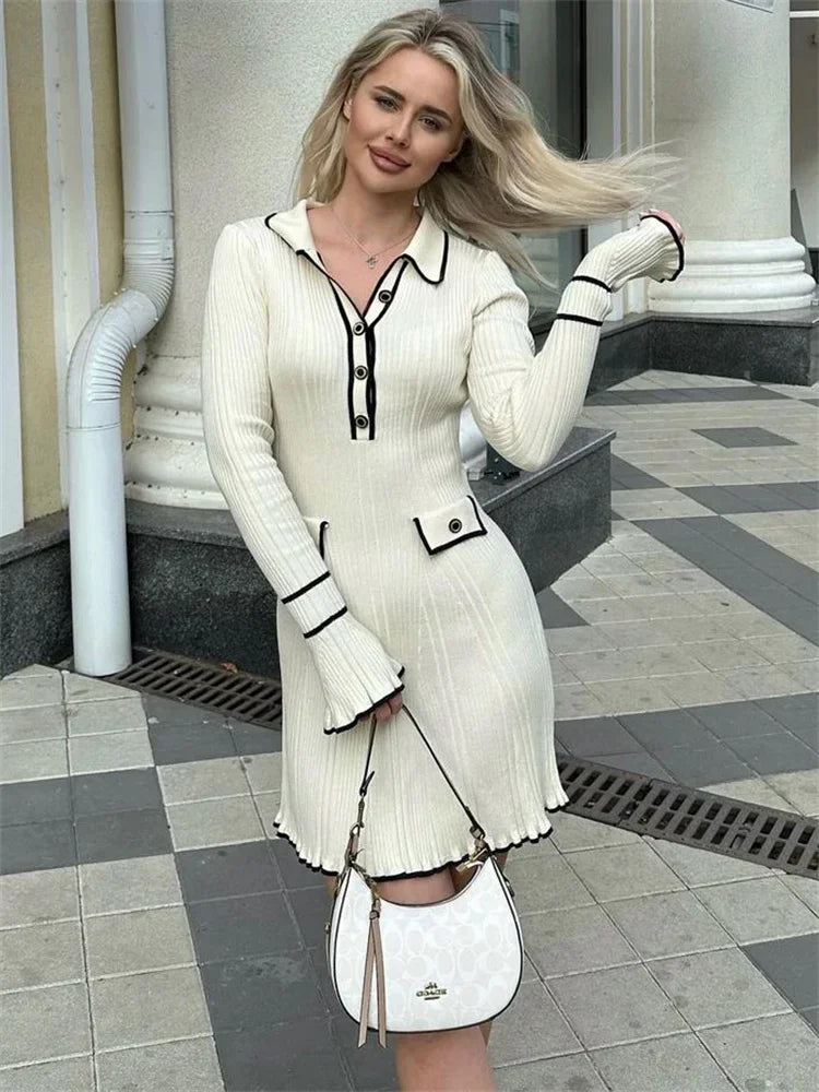 Knitted Mini Dress Ruffled Rib High Waist Dresses s Long Sleeve Banquet Dress
