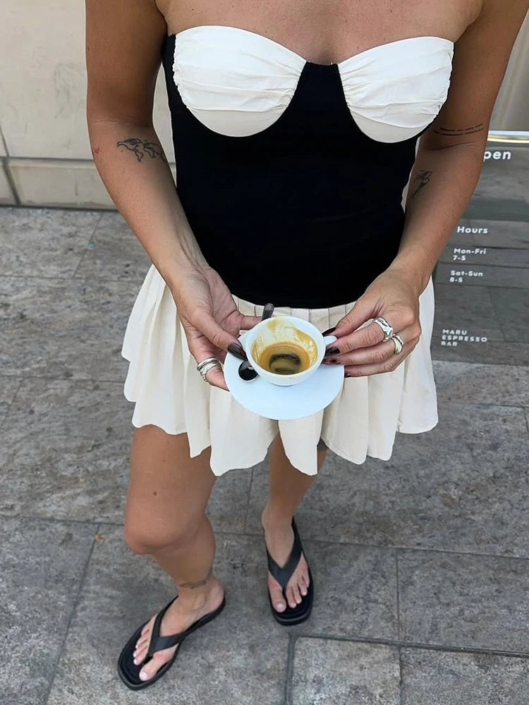 Folds Dress Backless Bodycon Contrast Color Dress Off Shoulder Mini Dress