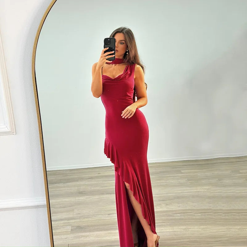 V Neck Long Dress Halter Neck Ruch Suspender Dress With Ribbon Dress High Slit Sleeveless