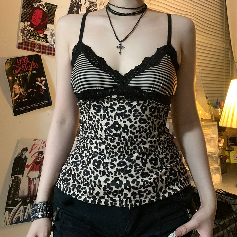 Striped Leopard Print Slim Camisole V-Neck Backless Top Lace Patchwork Retro Bow Vest