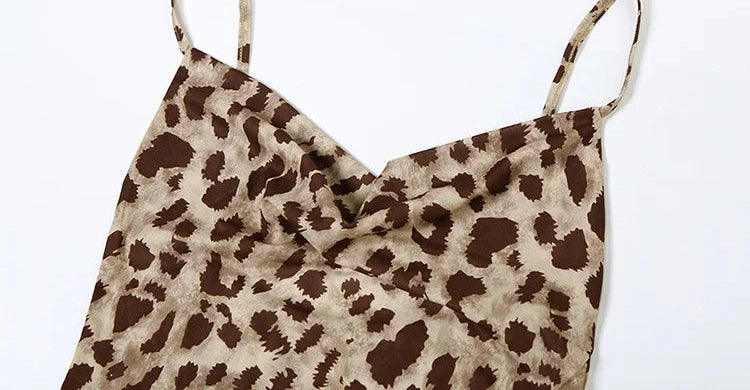 Leopard Dress Swing Collar Spaghetti Straps Backless Ruffles