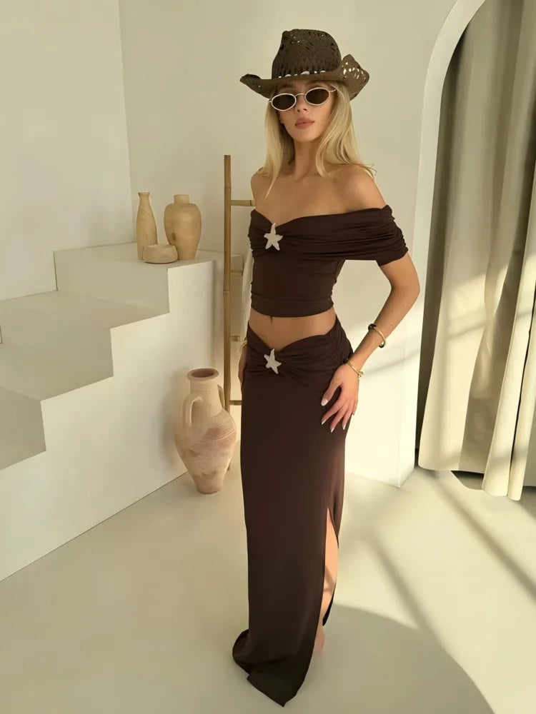 Off Shoulder Metal Stars Skirt Suit Coffee Backless Crop Top Long Skirt Set